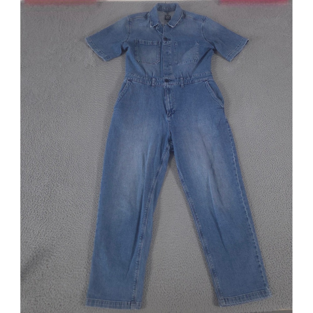 Gap Jumpsuit Womens 12 Blue Medium Wash Denim Straight Leg Short Sleeve Utility